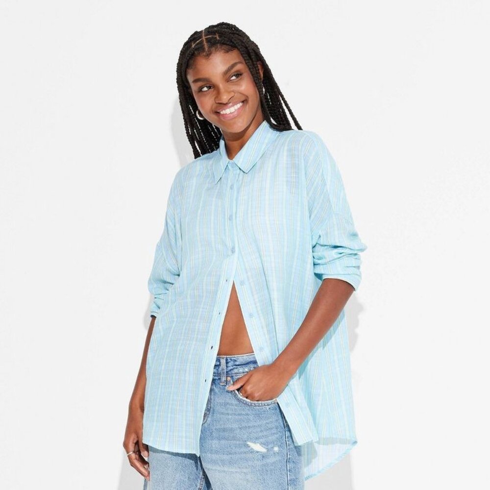 NWT Wild Fable Women's Long Sleeve Oversized Button-Down Shirt - Green/Blue Stri - Picture 2 of 3